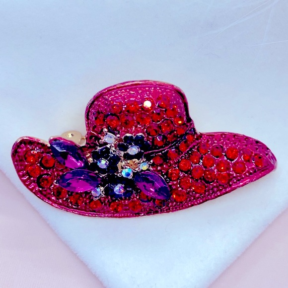 Red Rhinestone Lady Hat Brooch - Picture 1 of 3